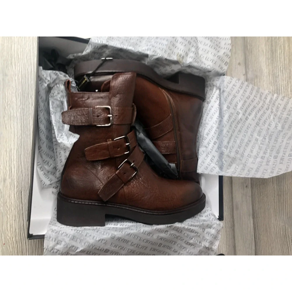 Emanuele Crasto Womens Brown Leather 3 Buckle Italian Moto Biker Boots SZ 39/8.5